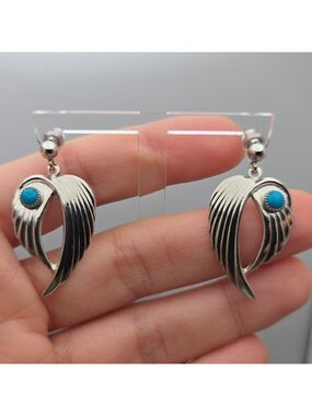 Silver Angel Wing Earrings w/ Turquoise Stone 1.25”
